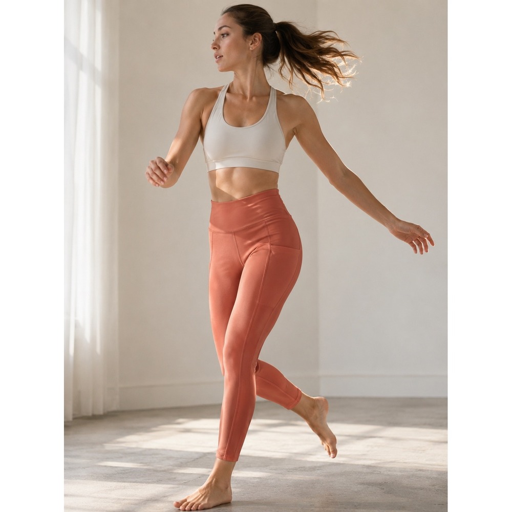 NYL Leggings Women Medium Coral Good High Waisted Side Pockets CL2962MR